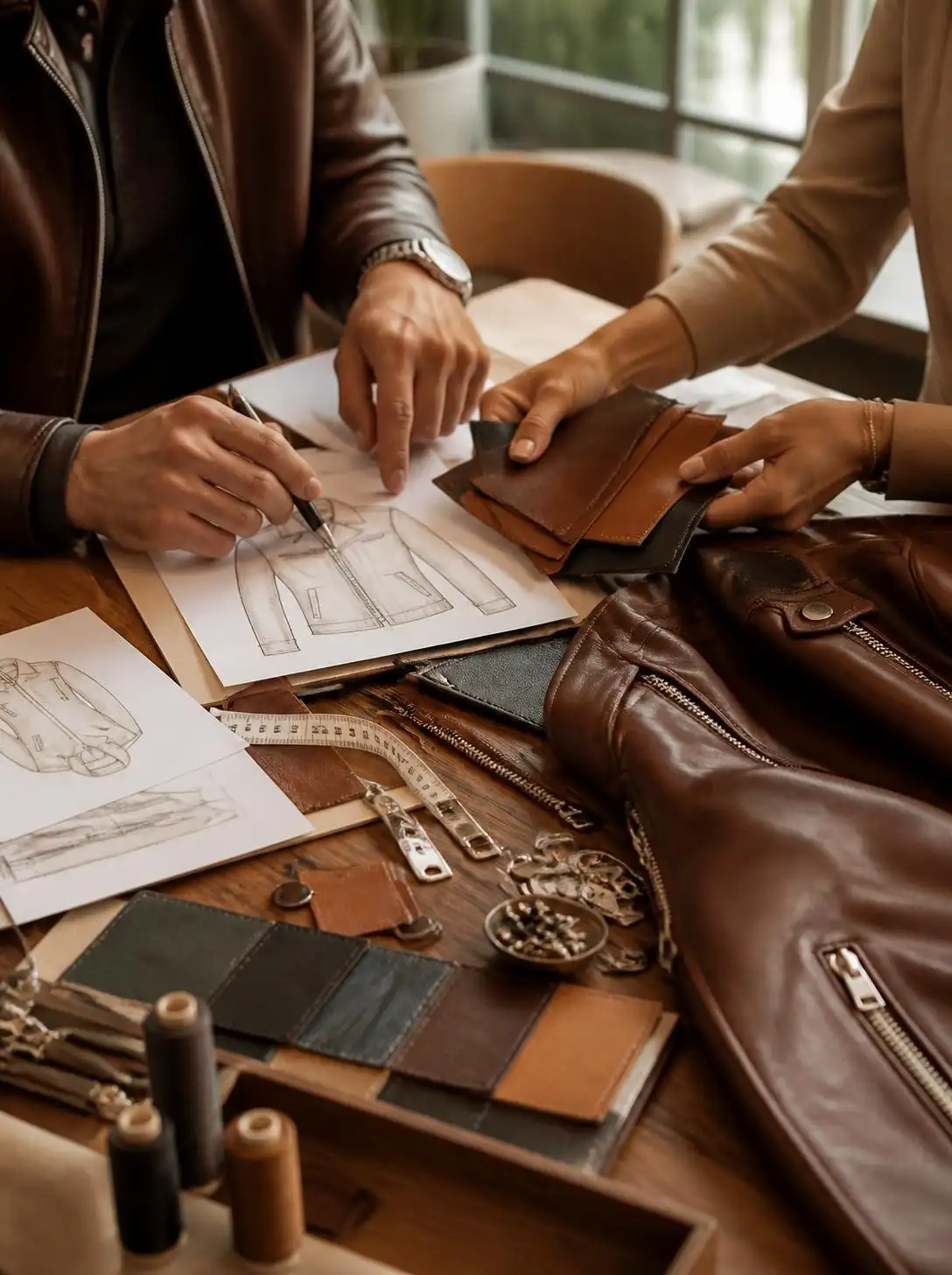 Design notes and leather swatches laid out on a workbench