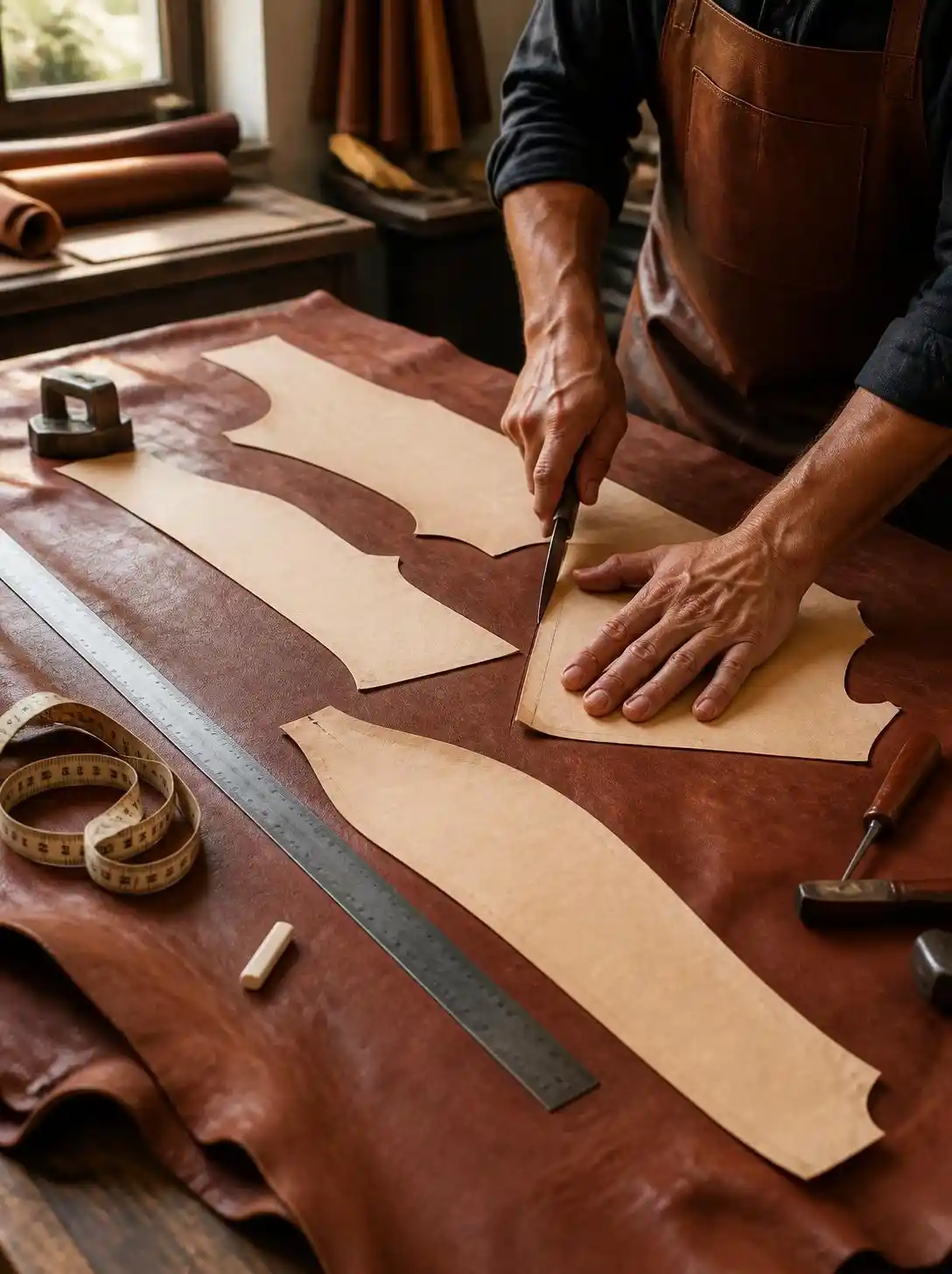 A leather panel being cut by hand