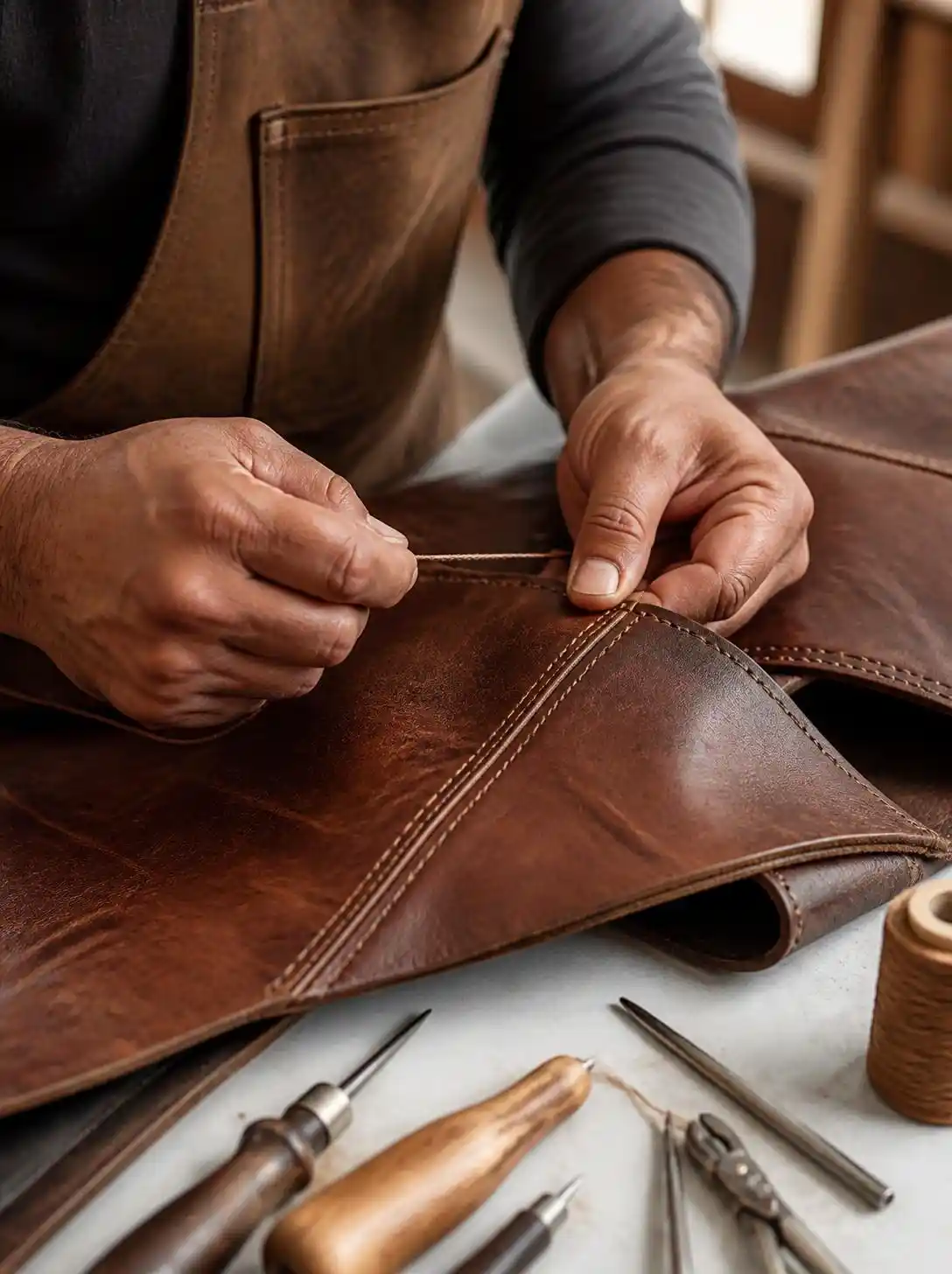 A hand-stitched leather cardholder beside waxed thread and stitching tools