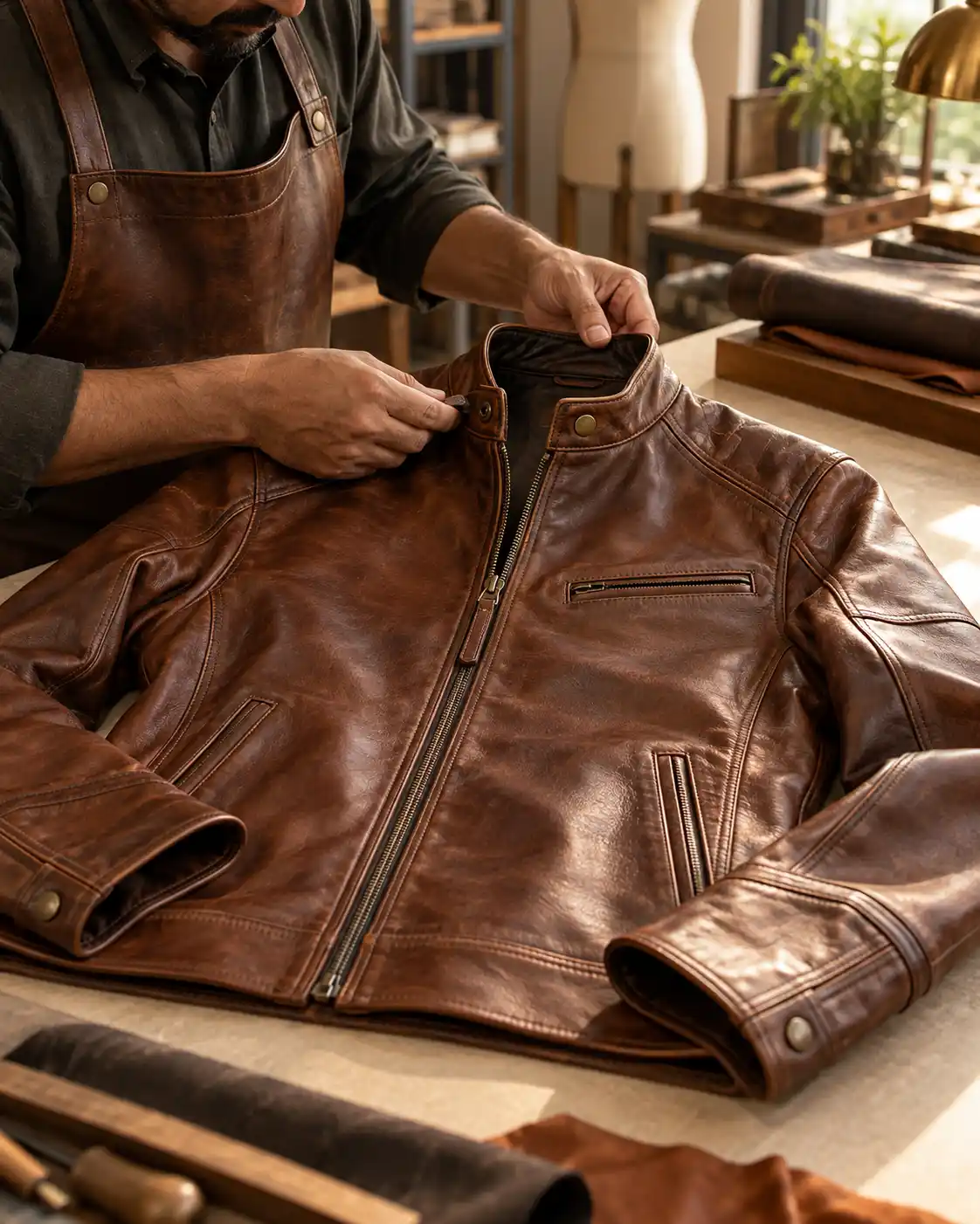A finished leather piece resting on a wooden bench